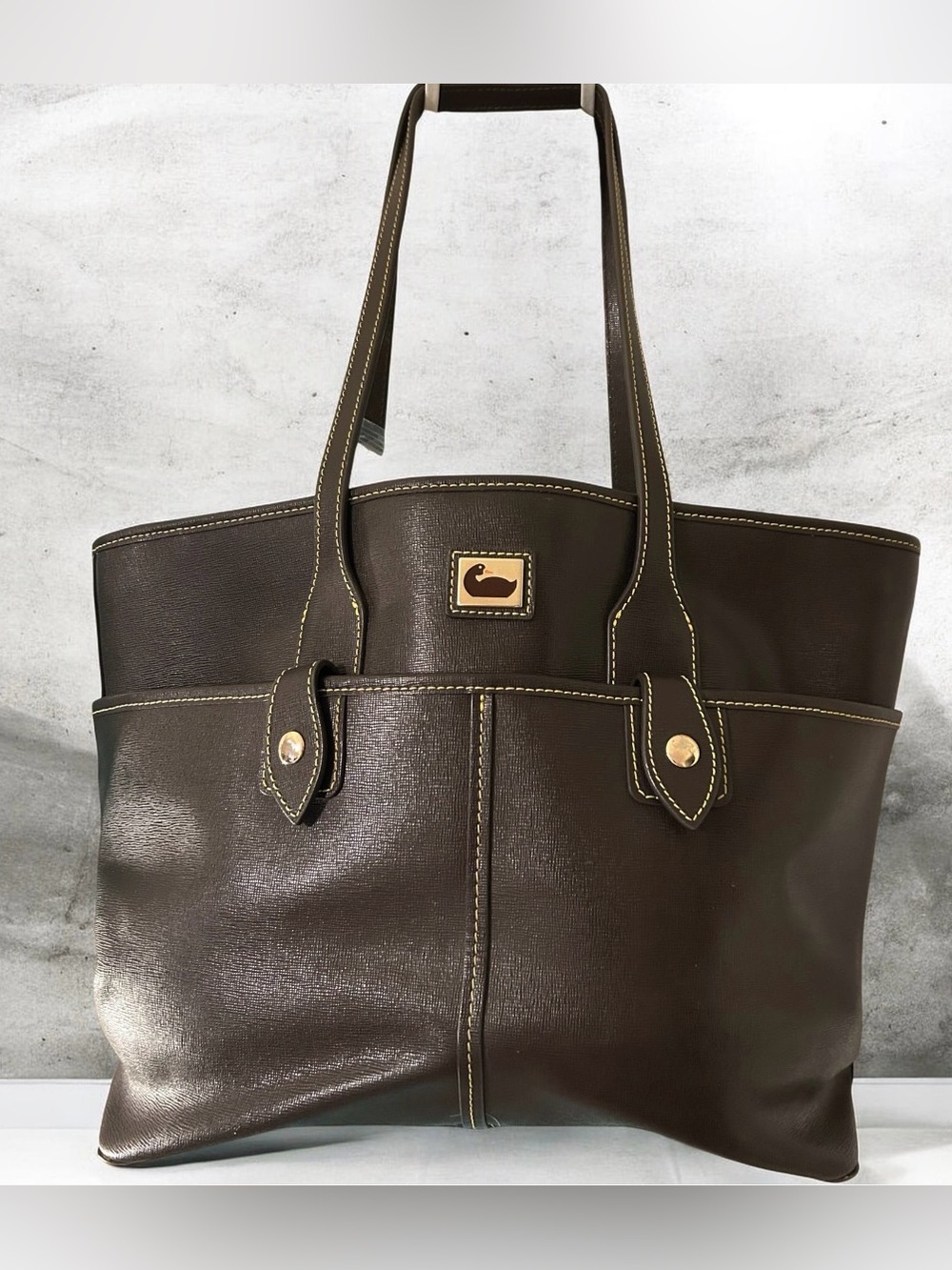 Dooney & Bourke Camden Dark Brown Saffiano Leather Tote with Contrast Stitching